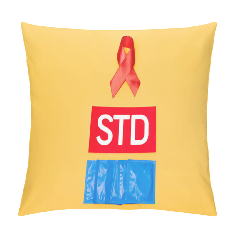 Personality  Red Ribbon As Hiv Awareness Near Std Lettering And Condoms Isolated On Orange  Pillow Covers