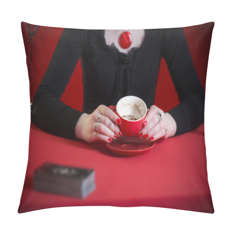 Personality  Young Girl In A Black Dress Is Engaged In Fortune Telling On Coffee Grounds On Red Background Pillow Covers