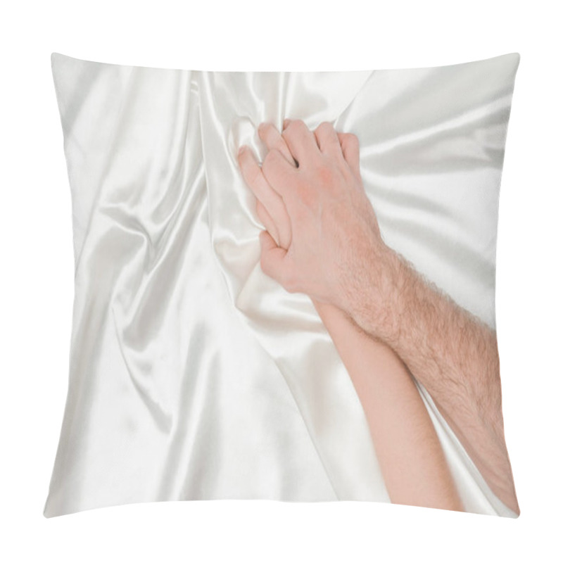 Personality  Top View Of Male Hand Tightly Holding Female Hand On Silk White Cloth Pillow Covers