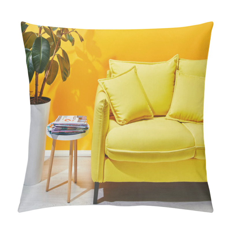 Personality  Sofa With Pillows, Houseplant And Little Table With Journals Near Yellow Wall Pillow Covers