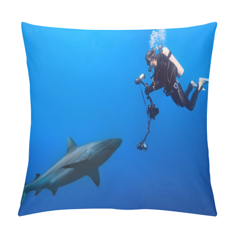 Personality  Diver In Front Of Shark In Blue Underwater Pillow Covers