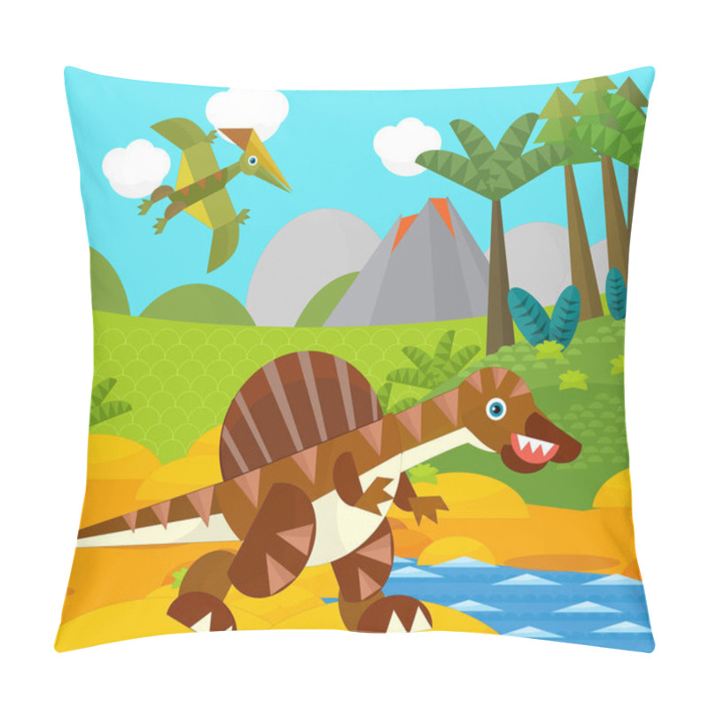 Personality  Cartoon Happy Dinosaur Near Some River And Volcano - Illustration For Children Pillow Covers