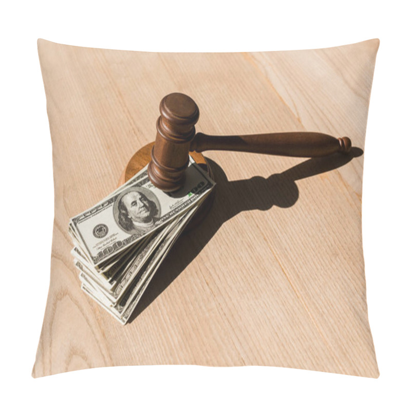 Personality  Wooden Gavel On Dollar Banknotes And Textured Table  Pillow Covers