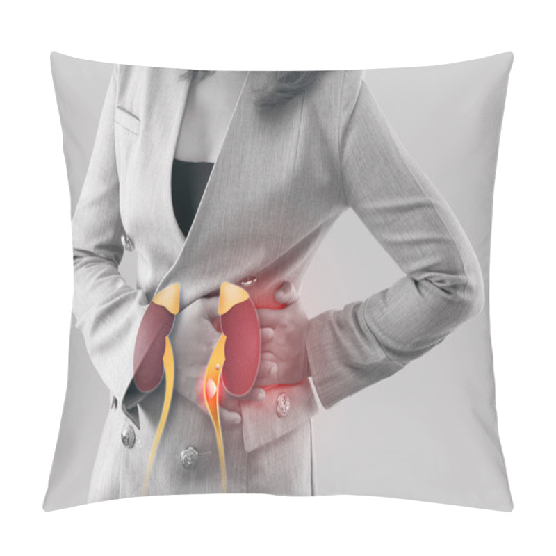 Personality  Illustration Kidney Stones In The Ureter Of Businesswoman On A Gray Background. Pillow Covers