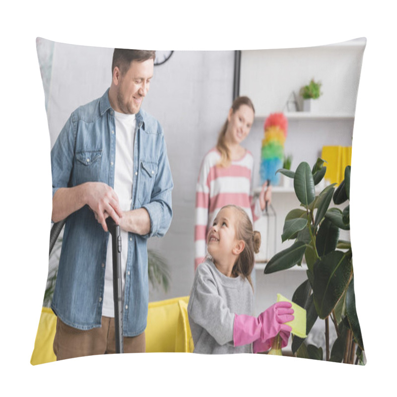 Personality  Girl Cleaning Plant And Looking At Father With Vacuum Cleaner At Home  Pillow Covers