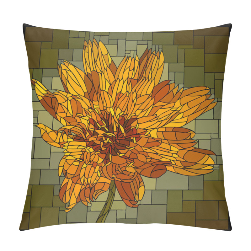 Personality  Vector Square Mosaic With Blooming Orange Marigold Flower In Stained Glass Window. Pillow Covers