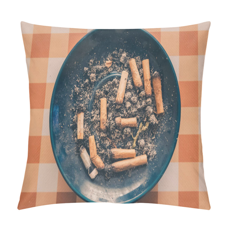 Personality  Dirty Blue Ashtray Full Of Cigarettes And Marijuana Butts On Orange Background Pillow Covers