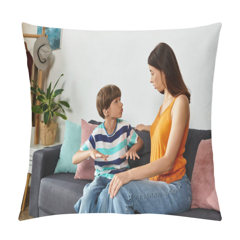 Personality  A Mother Engages Attentively With Her Son, Fostering Communication And Understanding. Pillow Covers