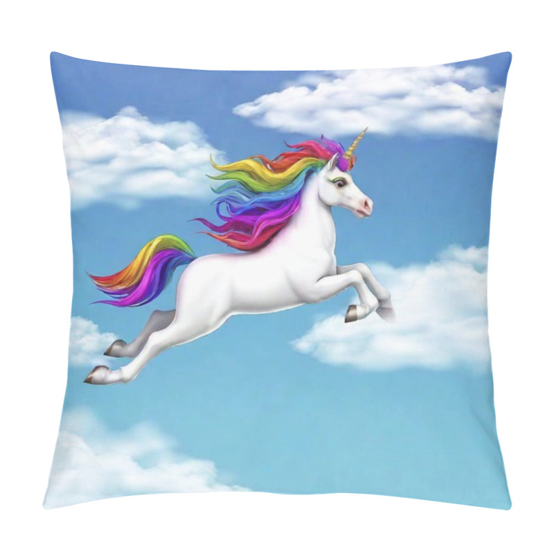 Personality  A Playful Cartoon Unicorn With A Rainbow Mane, Jumping Over Fluffy Clouds In A Bright Blue Sky. Pillow Covers