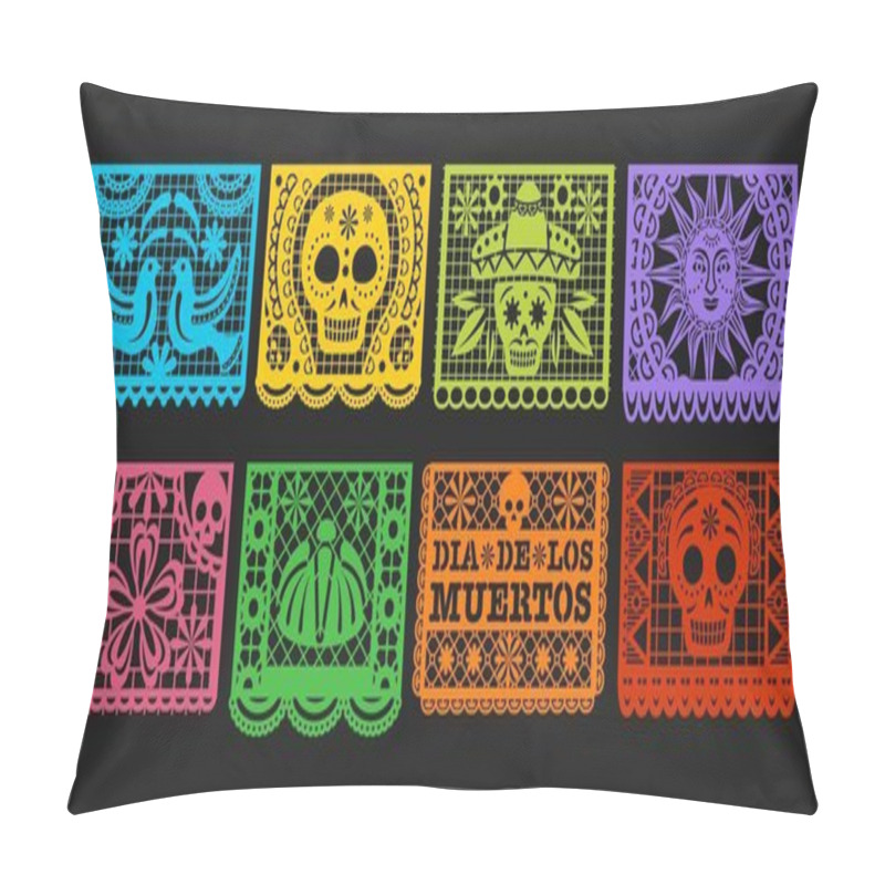 Personality  Paper Flags, Vector Mexican Day Of The Dead Papel Picado Bunting. Mexico Dia De Los Muertos Or Halloween Holiday Garland With Cut Out Ornaments Of Skeleton Skull, Sombrero, Marigold Flower And Bird Pillow Covers