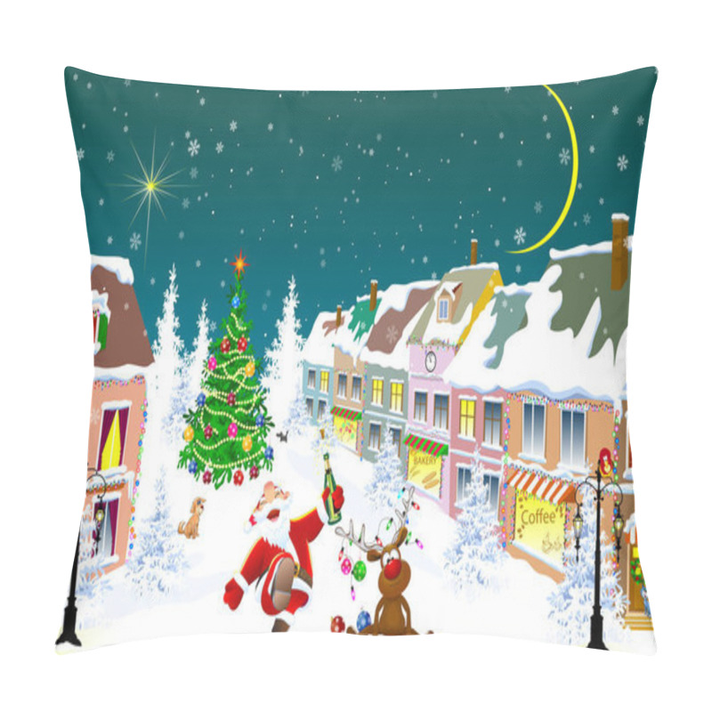 Personality  City Street In The Winter Christmas Night. Santa And Deer Happily Greet Christmas.  Christmas Tree. Houses Covered With Snow. Winter Night On Christmas Eve. Pillow Covers