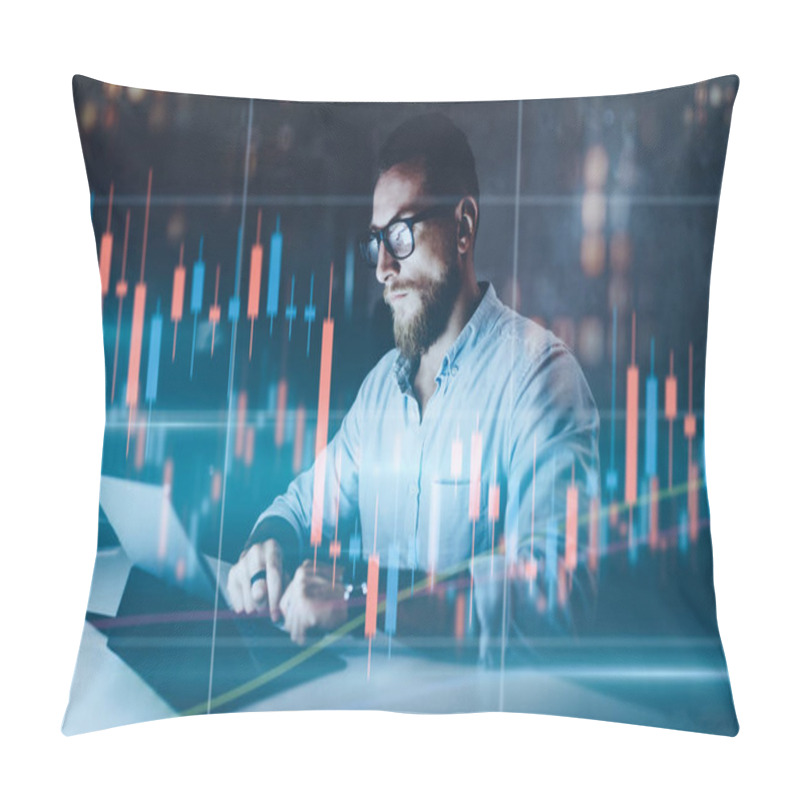 Personality  Double Exposure.Market Traider Making Analysis Of Digital Market And Investment In Block Chain Crypto Currency. Red And Green Candlestick Chart And Stock Trading Computer Screen Background. Pillow Covers