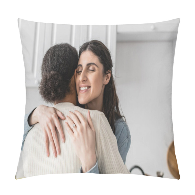 Personality  Overjoyed Lesbian Woman With Wedding Ring On Finger Smiling And Hugging Multiracial Girlfriend   Pillow Covers