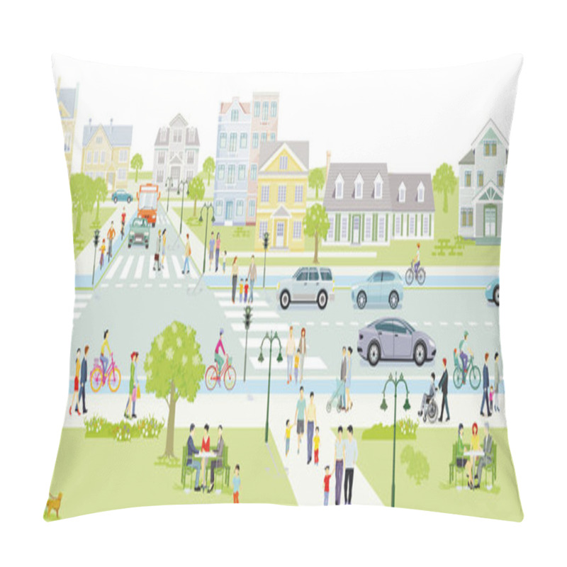 Personality  Families And People On The Sidewalk With Road Traffic Illustration Pillow Covers