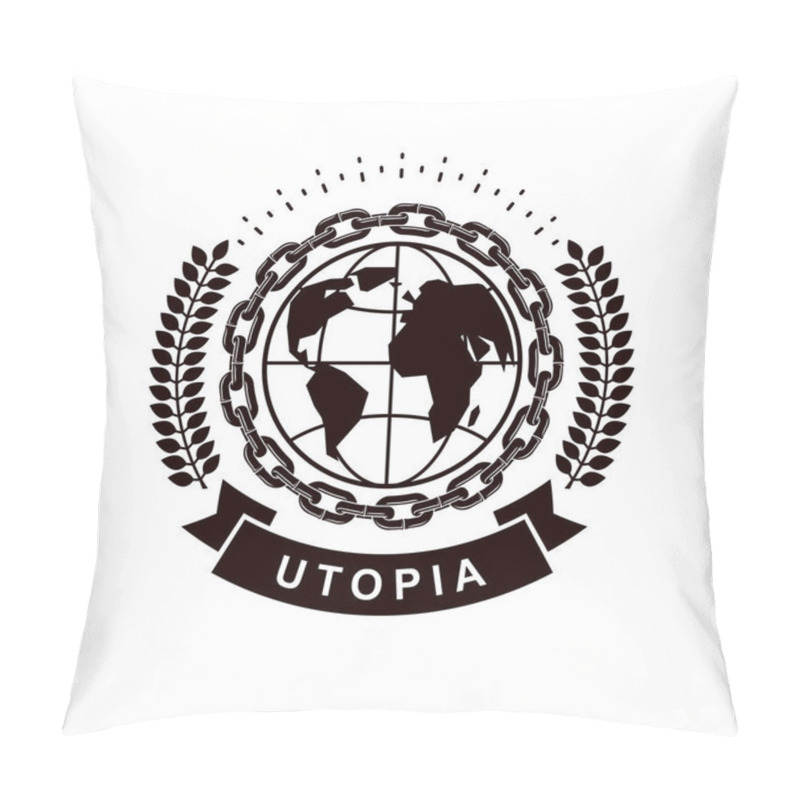 Personality  Vector Emblem Composed Using Earth Globe Surrounded With Iron Chain And Decorated Using Laurel Wreath. Totalitarianism As The Evil Power, No Limits Abstract Symbol. Pillow Covers