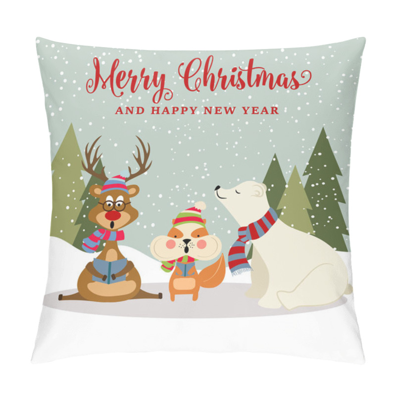 Personality  Gorgeousl Flat Design Christmas Card With Reindeer, Squirrel And Polar Bear . Christmas Poster. Vector Pillow Covers