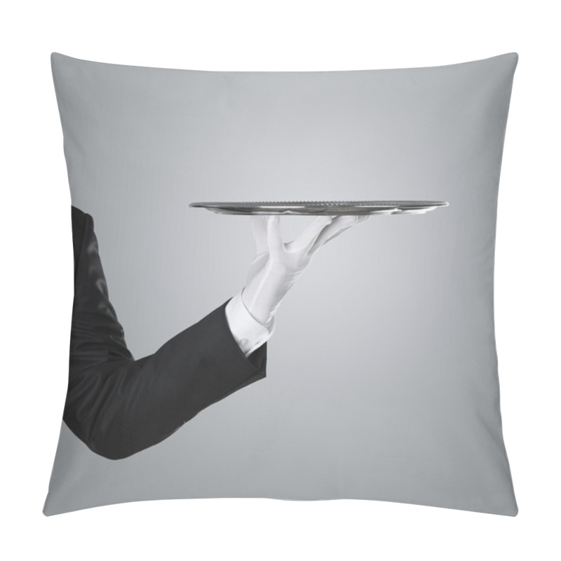 Personality  Waiter Holding Empty Silver Tray Pillow Covers