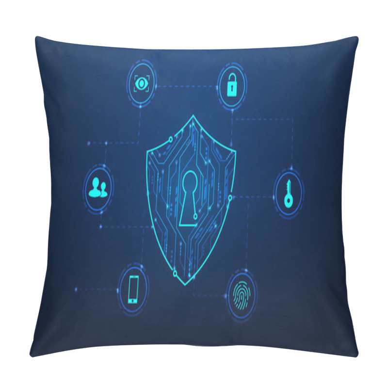 Personality  Shield Security Protection Digital Technology On Blue Background. Security System Prevent Viruses And Theft. Cyber Data Shield Internet Online Safety. Vector Illustration Hi-tech. Pillow Covers