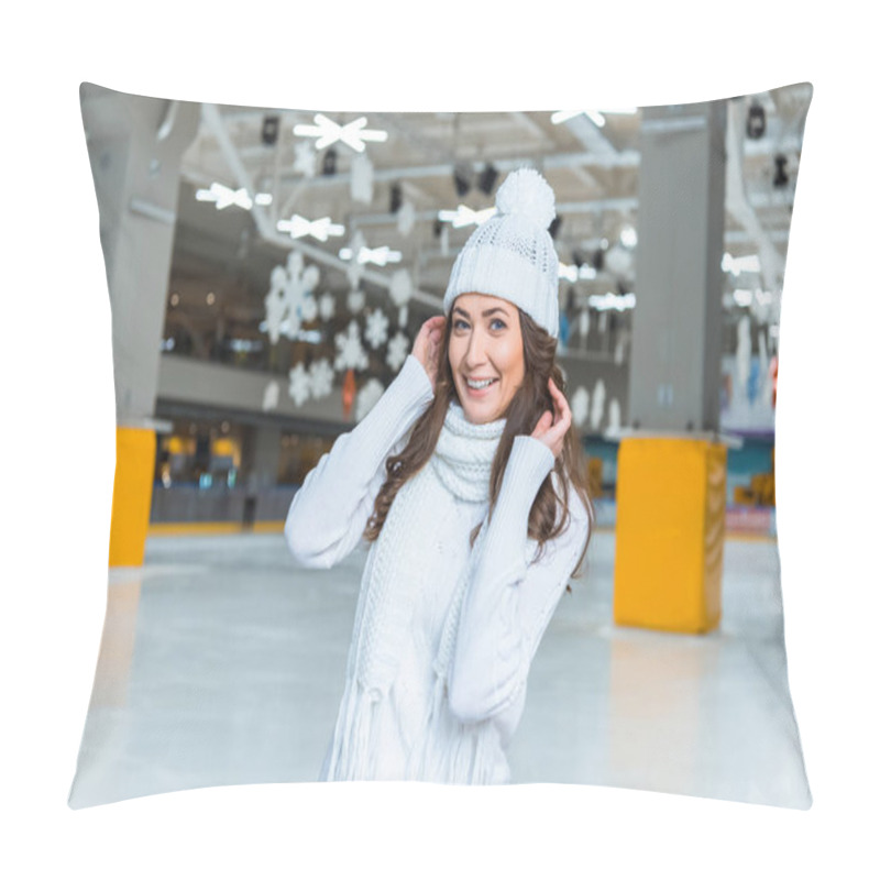 Personality  Portrait Of Smiling Beautiful Woman In Hat And Sweater Looking At Camera On Skating Rink Pillow Covers