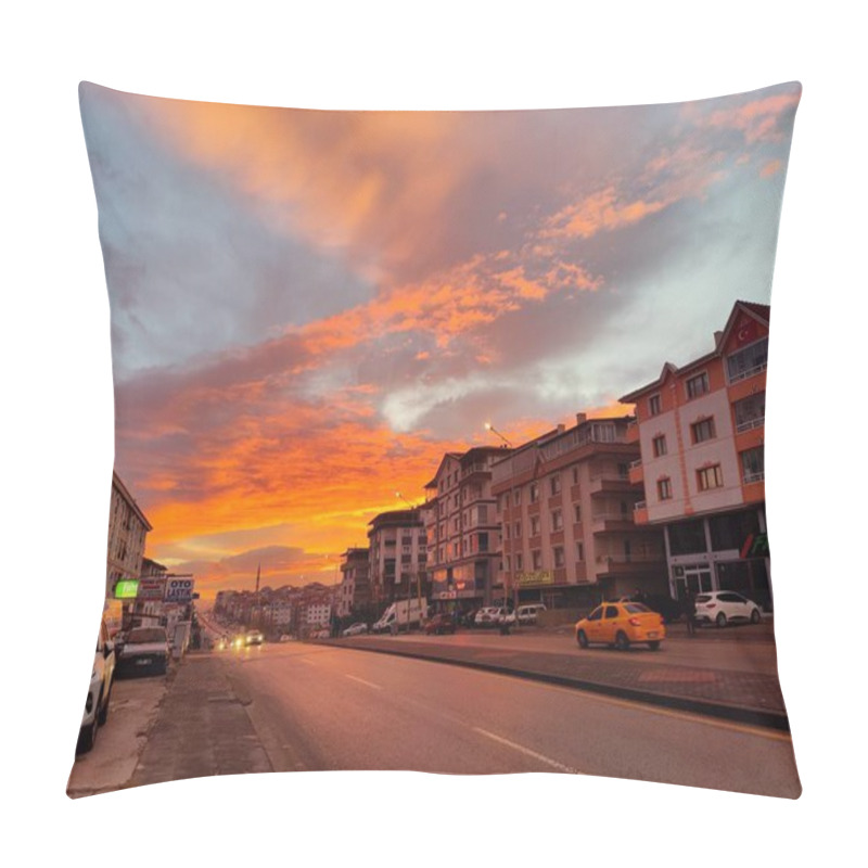 Personality  Fiery Sunset Of Hope: The Dramatic Blend Of Orange Flames And Calm Blue Sky, Symbolizing Balance Between Chaos And Serenity Pillow Covers