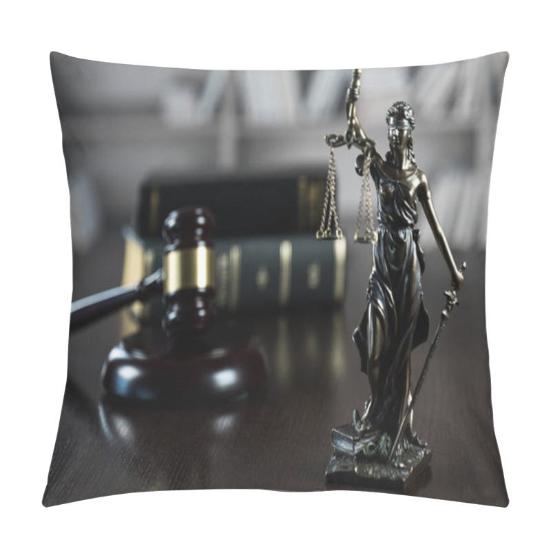 Personality   Lawyers Office Room With The Scales Of Justice, Hammer And Old Law Books In The Background Pillow Covers