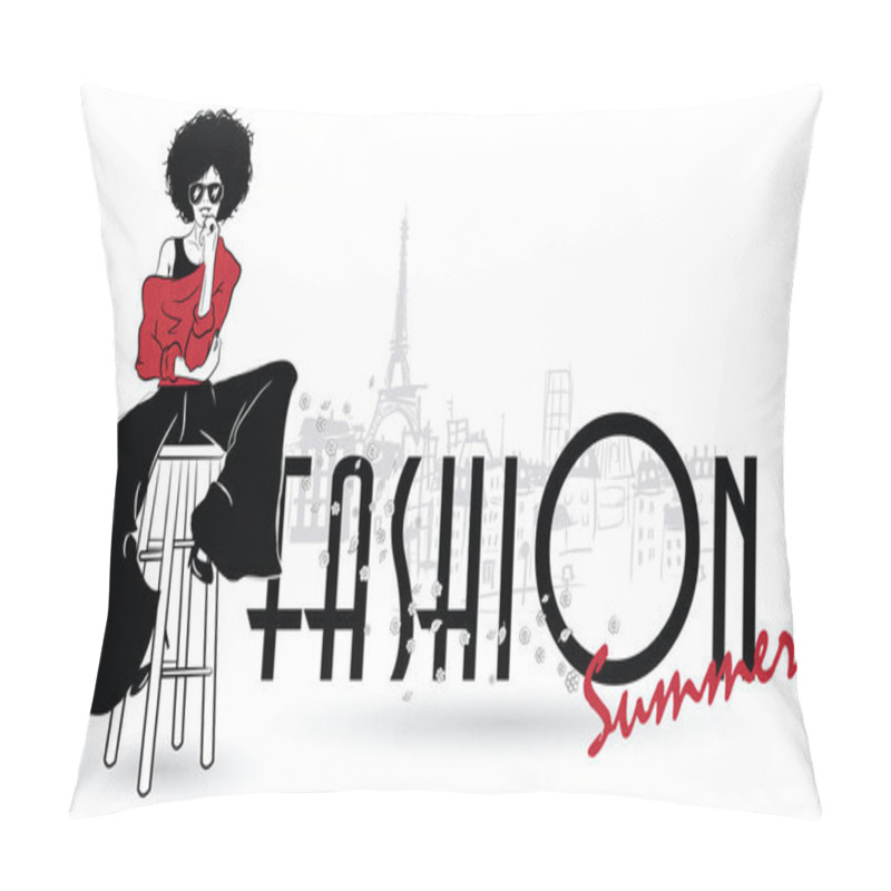 Personality  Fashion Girl In Sketch Style On A White Background. Pillow Covers