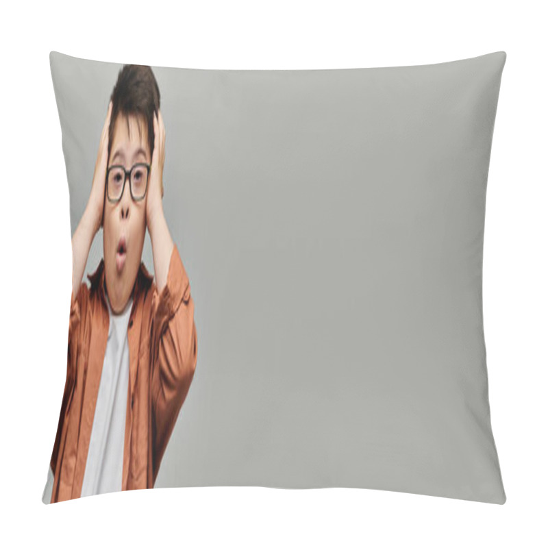 Personality  Little Boy With Down Syndrome With Glasses, With Hands On Head. Pillow Covers