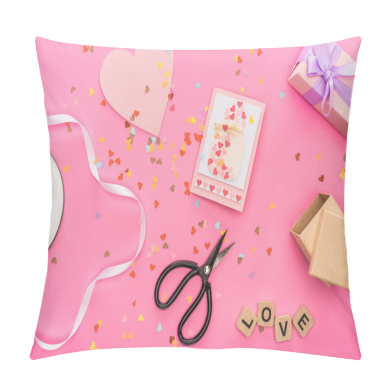 Personality  Top View Of Valentines Confetti, Empty Compact Disk, Scissors, Gift Boxes, Greeting Card And Love Lettering On Wooden Cubes On Pink Background Pillow Covers