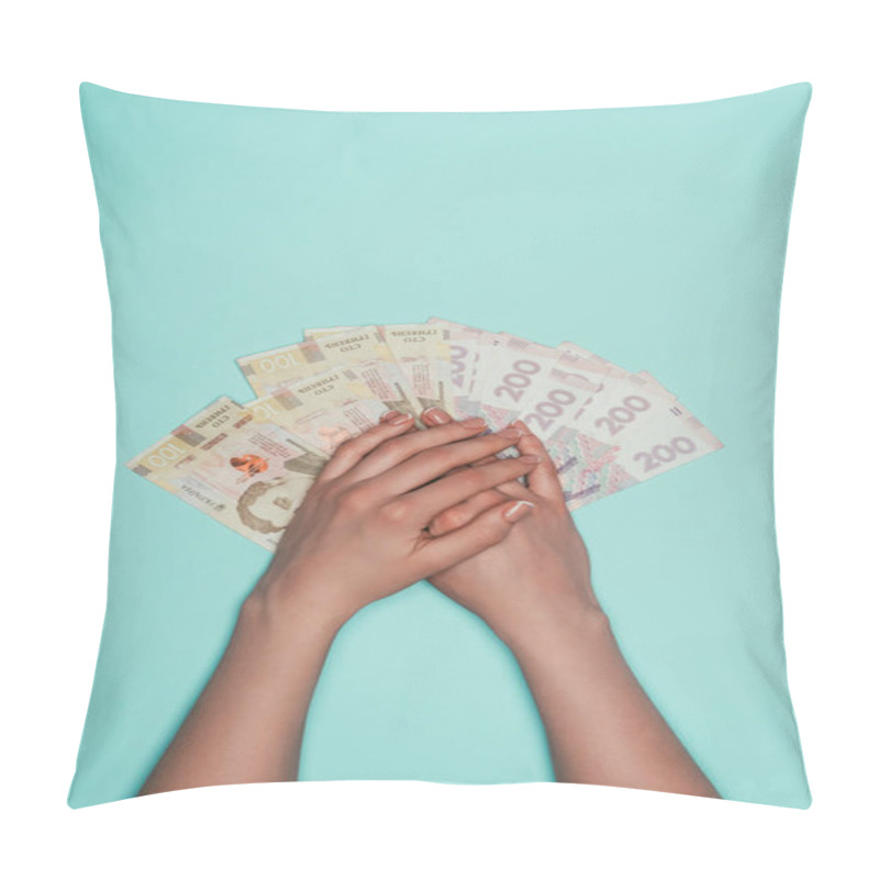 Personality  Cropped Shot Of Woman With Bunch Of Cash Isolated On Turquoise Pillow Covers