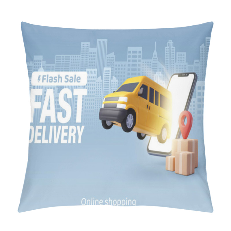 Personality  3d Vector Of Express Delivery Van Jump Out From Smartphone. Fast Delivery And Shipping On Blue Town Background. Fast Delivery Pillow Covers