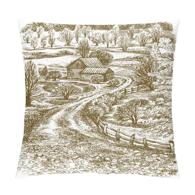 Personality  Village Landscape. Vector  Hand Drawn Illustration. Pillow Covers