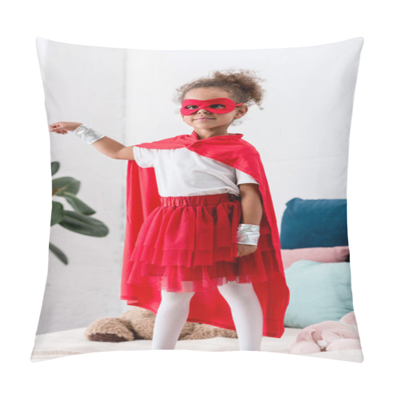 Personality  Cute Little African American Kid In Red Superhero Costume Gesturing While Standing On Bed Pillow Covers