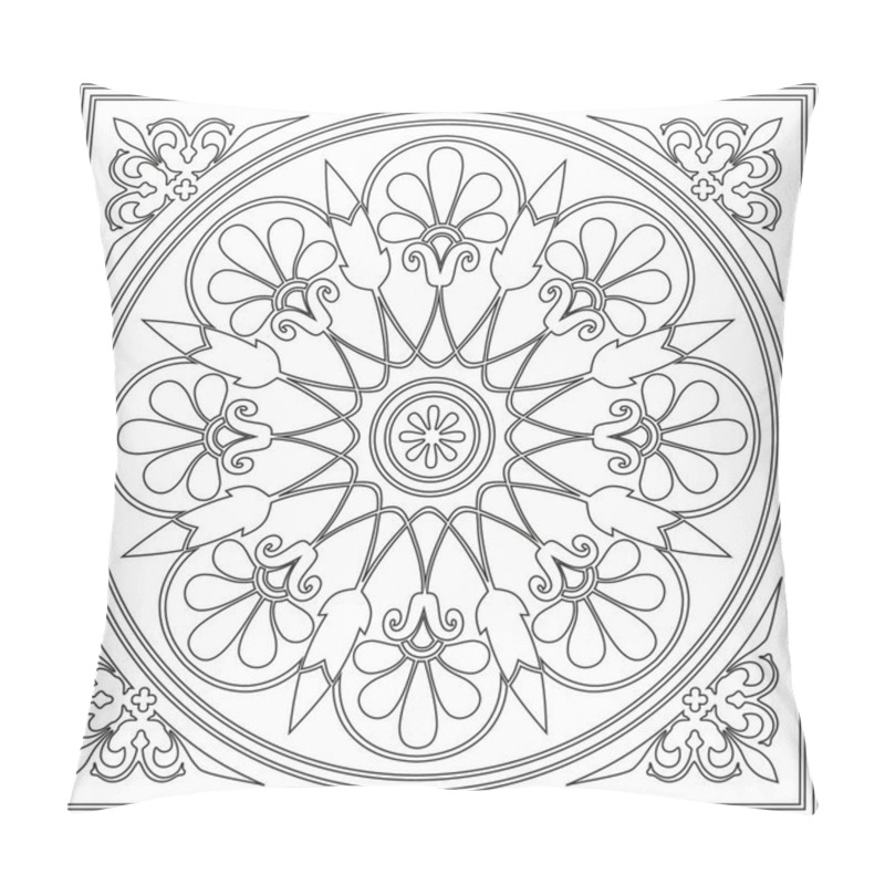 Personality  Vector Black Monochrome Classic Greek Square Outline Ornament. Rectangle Of Ancient Greece And Roman Empire. Byzantine Painting Of Walls, Floors And Ceilings. Decoration Of European Palaces. Template For Stained Glass Pillow Covers