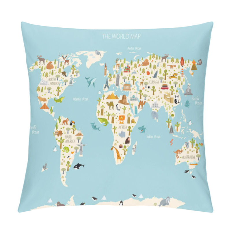 Personality  Print. World Map With Animals And Architectural Landmarks For Kids. Eurasia, Africa, South America, North America, Australia. Cartoon Animals. Pillow Covers