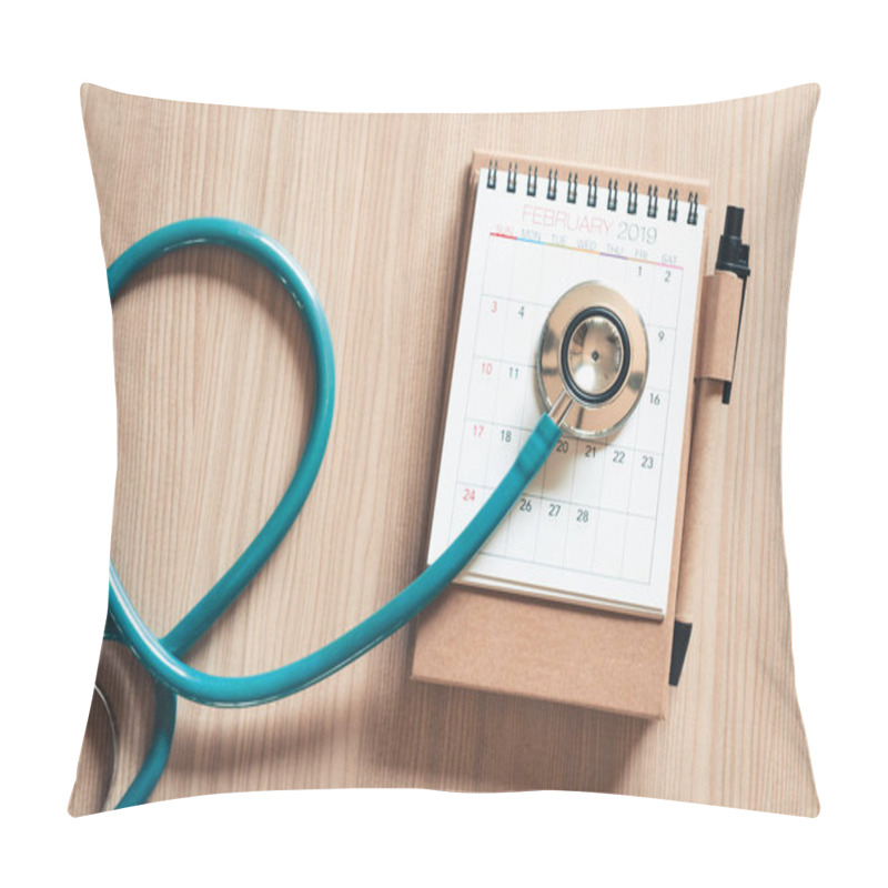 Personality  Top View Of Stethoscope On Calendar For Health Checkup Concept., Annual Doctor Appointment For Physical Check-up Against Wooden Background., Healthcare Medicine And Insurance Concept. Pillow Covers