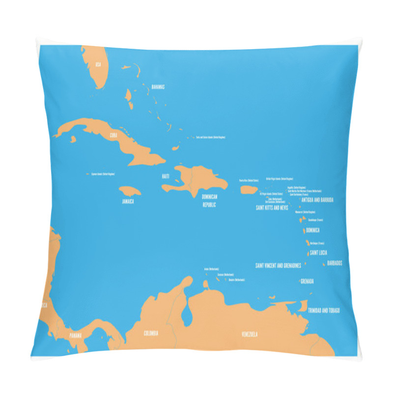 Personality  Central America And Carribean States Political Map. Yellow Land With Black Country Names Labels On Blue Sea Background. Simple Flat Vector Illustration Pillow Covers