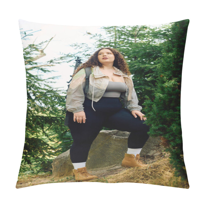 Personality  A Plus Size Woman Embraces The Beauty Of A Vibrant Forest, Surrounded By Natures Greenery. Pillow Covers