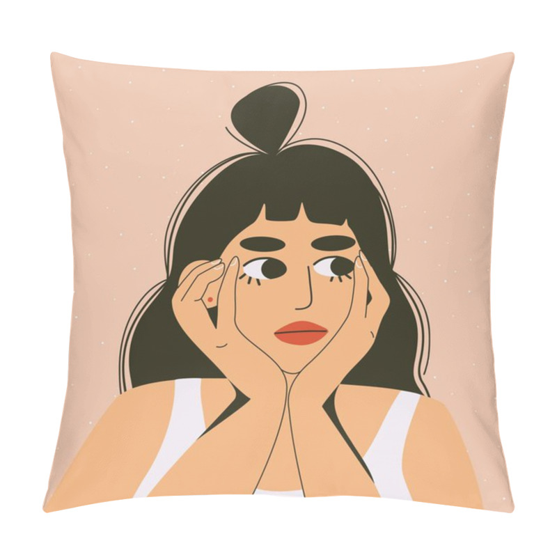 Personality  Abstract Woman Character. Female Cartoon Portrait, Modern Flat Girl Face Big Eyes Lips, Art Print. Vector Illustration. Pillow Covers