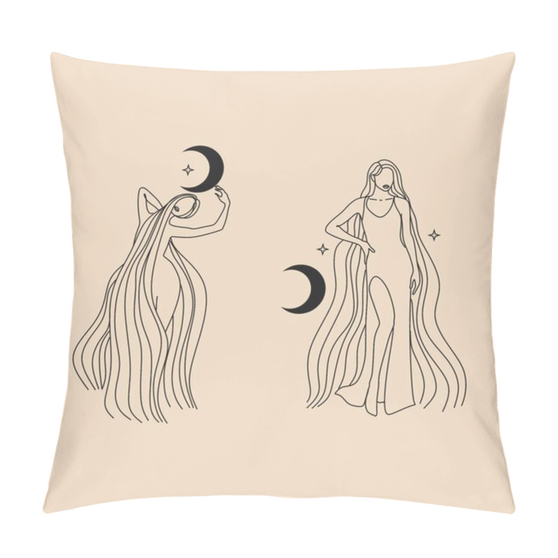 Personality  Cute Girl With Long Hair Sleeps On The Moon. Romantic Dreams With Night Sky And Stars. Vector Illustration Of Woman Hugs The Crescent Moon. Modern Witch Concept. Design For Tarot Card Cover, Postcard. Pillow Covers