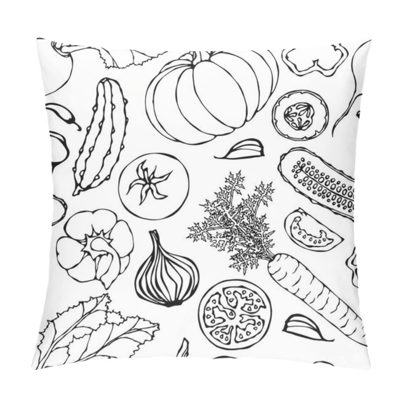 Personality  Vegetable Seamless Pattern With Cucumbers, Red Tomatoes, Bell Pepper, Beet, Carrot, Onion, Garlic, Chilli, Pumpkine. Fresh Green Salad. Healthy Vegetarian Food Hand Drawn Illustration Doodle Style Pillow Covers