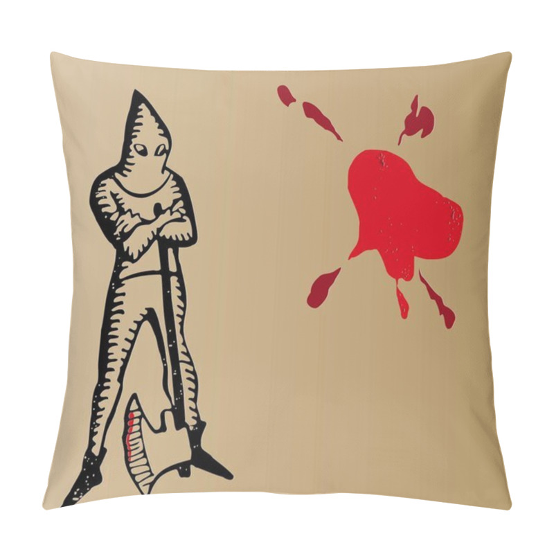 Personality  Sketch Of A Medieval Executioner Standing In The Hood With An Ax On A Background Of Red Blood Stains Pillow Covers