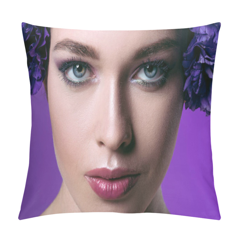 Personality  Close-up Portrait Of Attractive Young Woman With Eustoma Flowers Wreath On Head Looking At Camera Isolated On Purple Pillow Covers