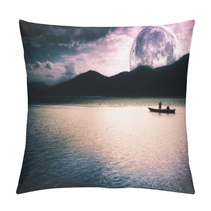 Personality  Fantasy Landscape - Moon, Lake And Boat Pillow Covers