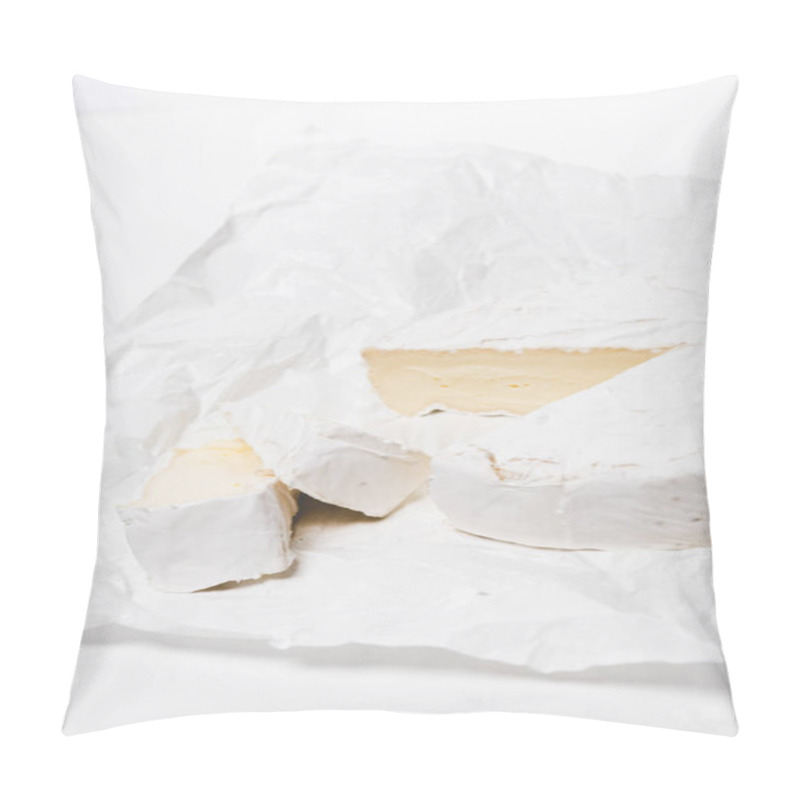 Personality  Close-up Shot Of Sliced Brie Cheese On Crumpled Paper And On White Surface Pillow Covers