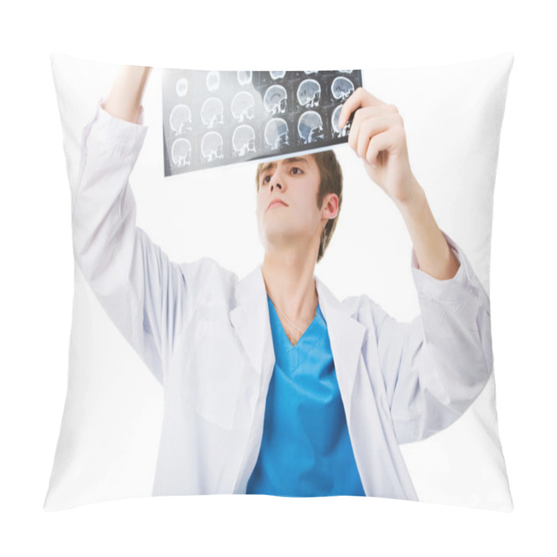 Personality  Male Doctor Looking Tomogram Isolated Pillow Covers