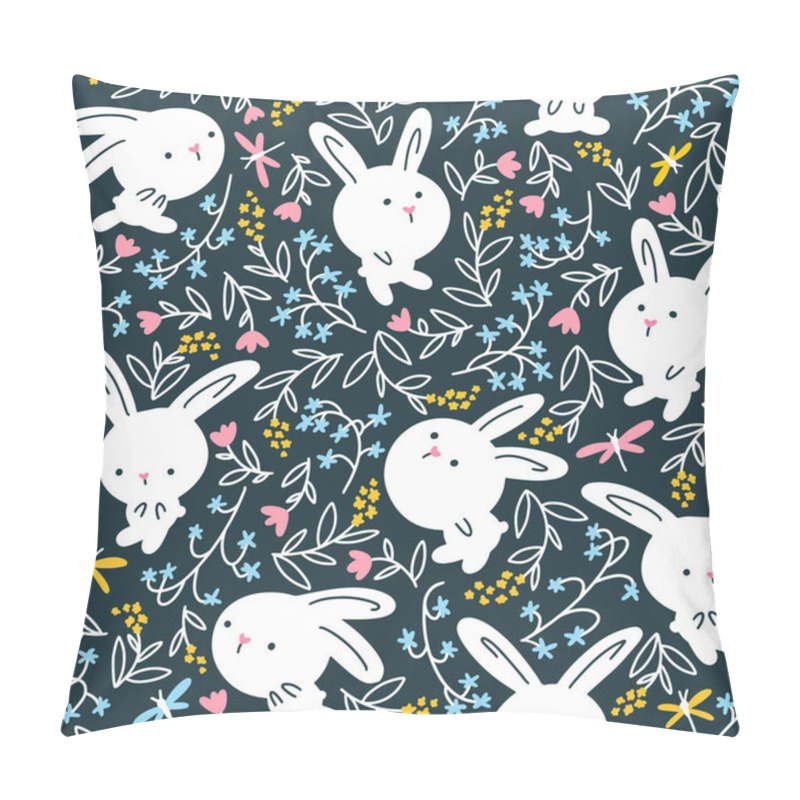 Personality  Forest Rabbit Seamless Pattern. Cute Character With Flowers. Baby Cartoon Vector In Simple Hand-drawn Scandinavian Style. Nursery Illustration On Dark Background Pillow Covers