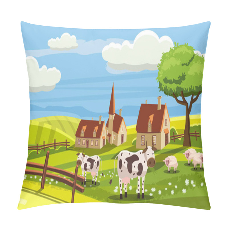 Personality  Cute Rural Landscape With Farm, Cow, Flowers, Hills, Village, Cartoon Style, Vector, Isolated Pillow Covers