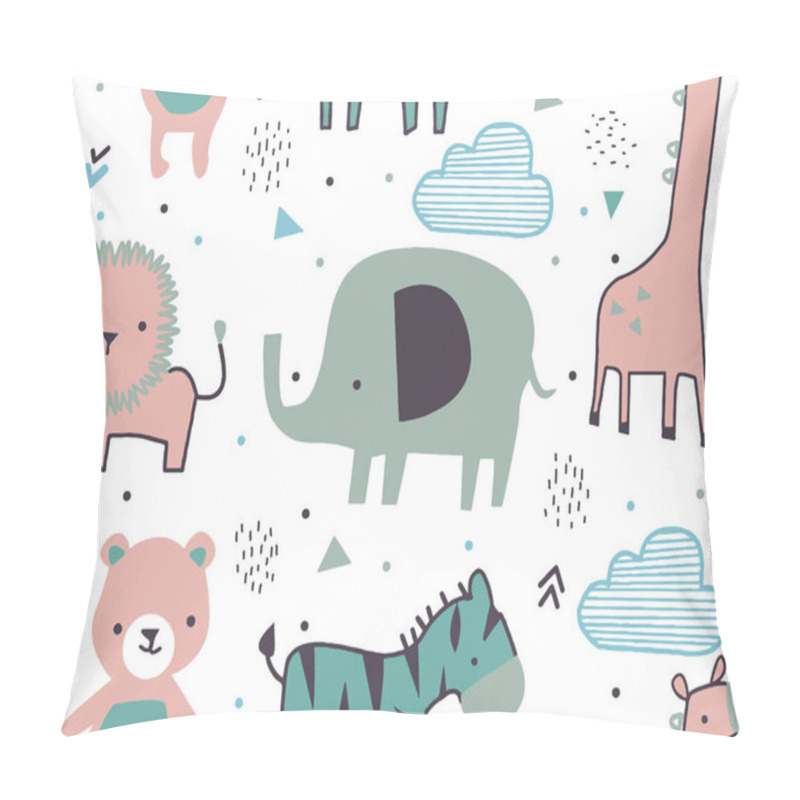 Personality  Baby Animals. Hand Draw Illustration. Seamless Pattern With Animals And Clouds,kids Print For Textiles, Wrapping , Wallpaper Etc. Pillow Covers