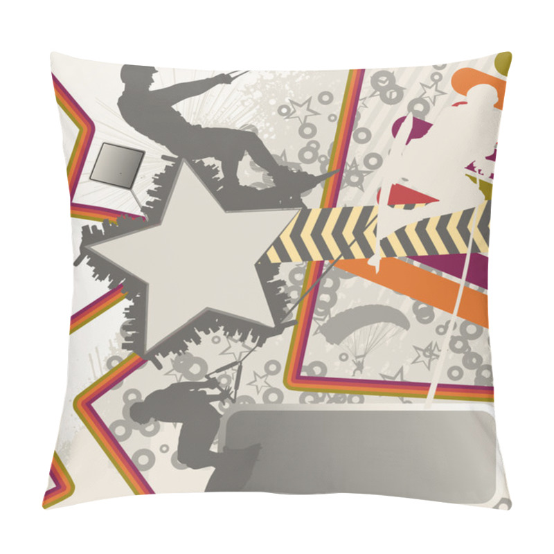 Personality  Urban Retro Vector Composition With City Skyline And Wakeboarder Pillow Covers