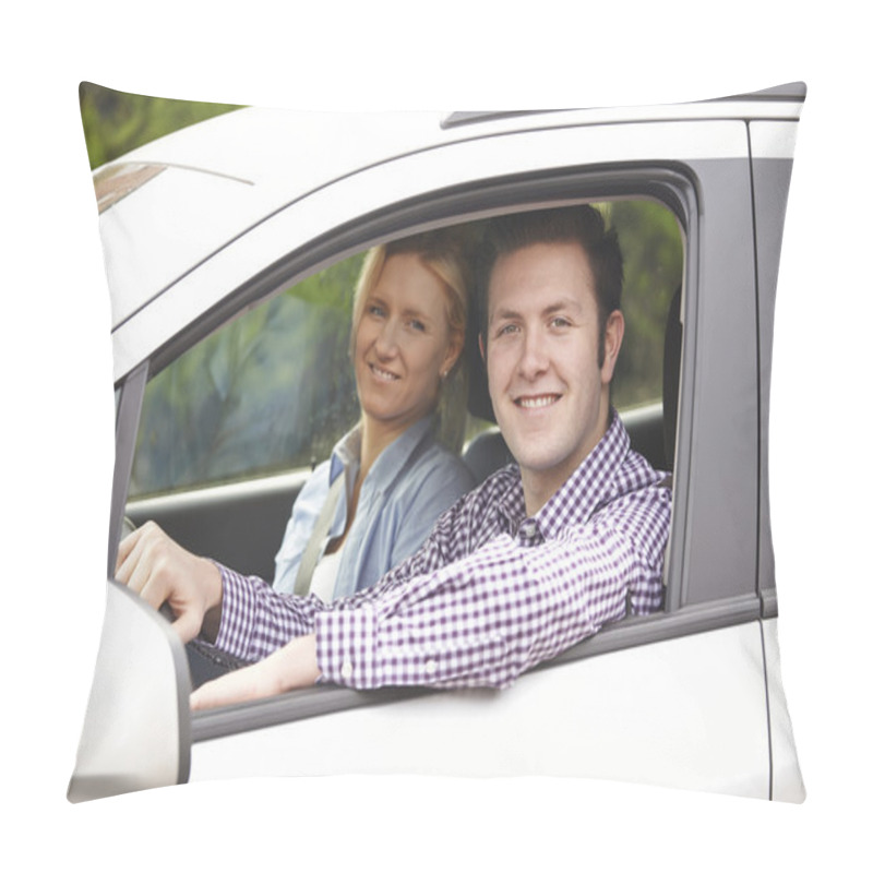 Personality  Portrait Of Young Couple Looking Out Of Car Window Pillow Covers